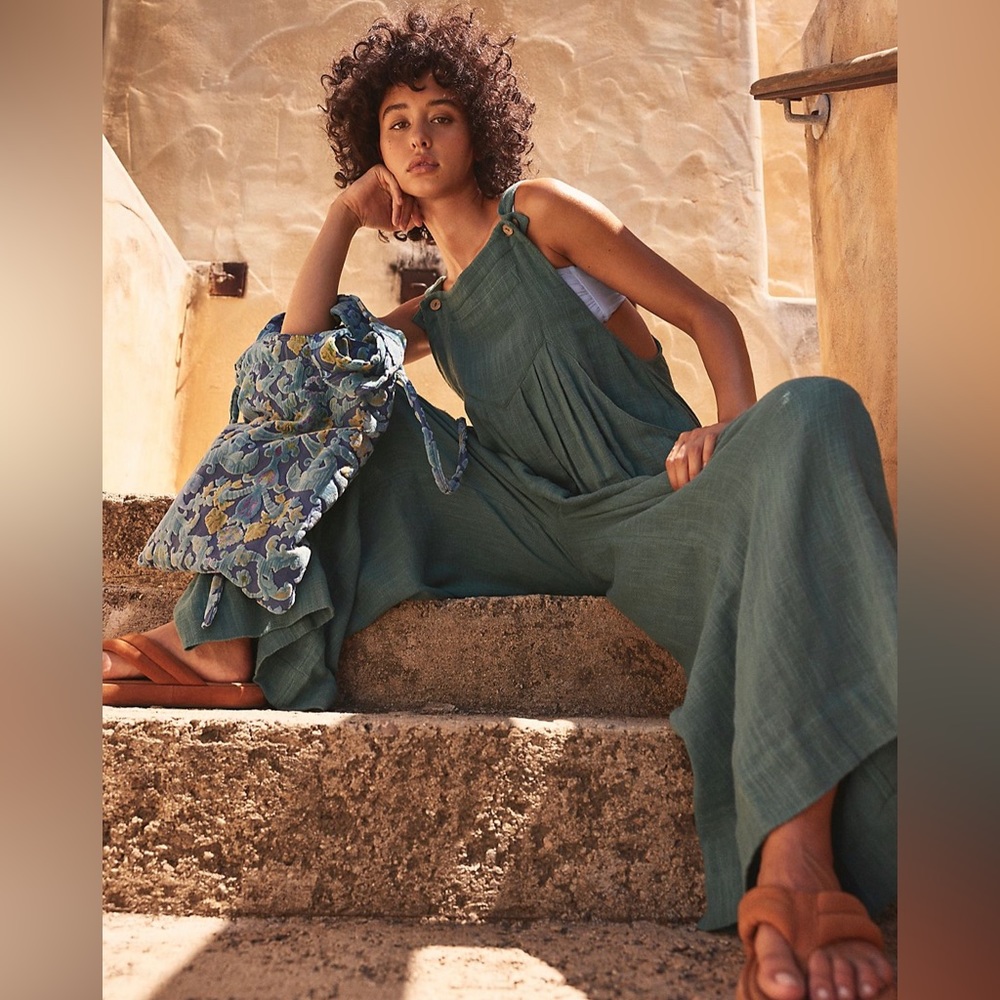 Free People, Sun Drenched Overalls, Size Medium, color is bright green